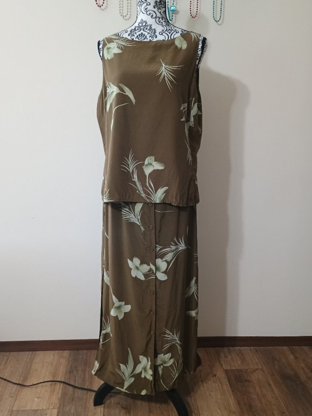 Vintage Liz Claiborne Collection Silk Maxi Skirt Set Size 12 Olive Green Floral